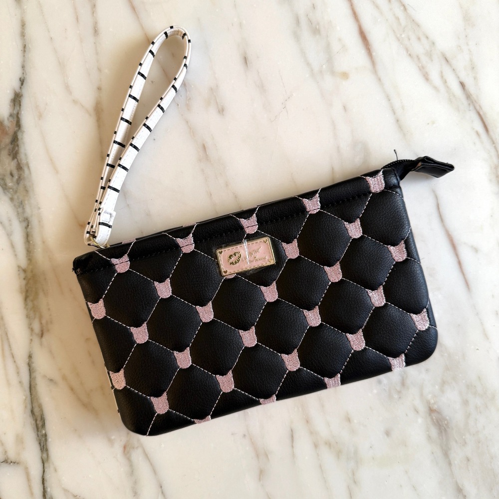 Luv Betsey Johnson Quilted Embroidered Pink Cat Double Pouch Wristlet Clutch New